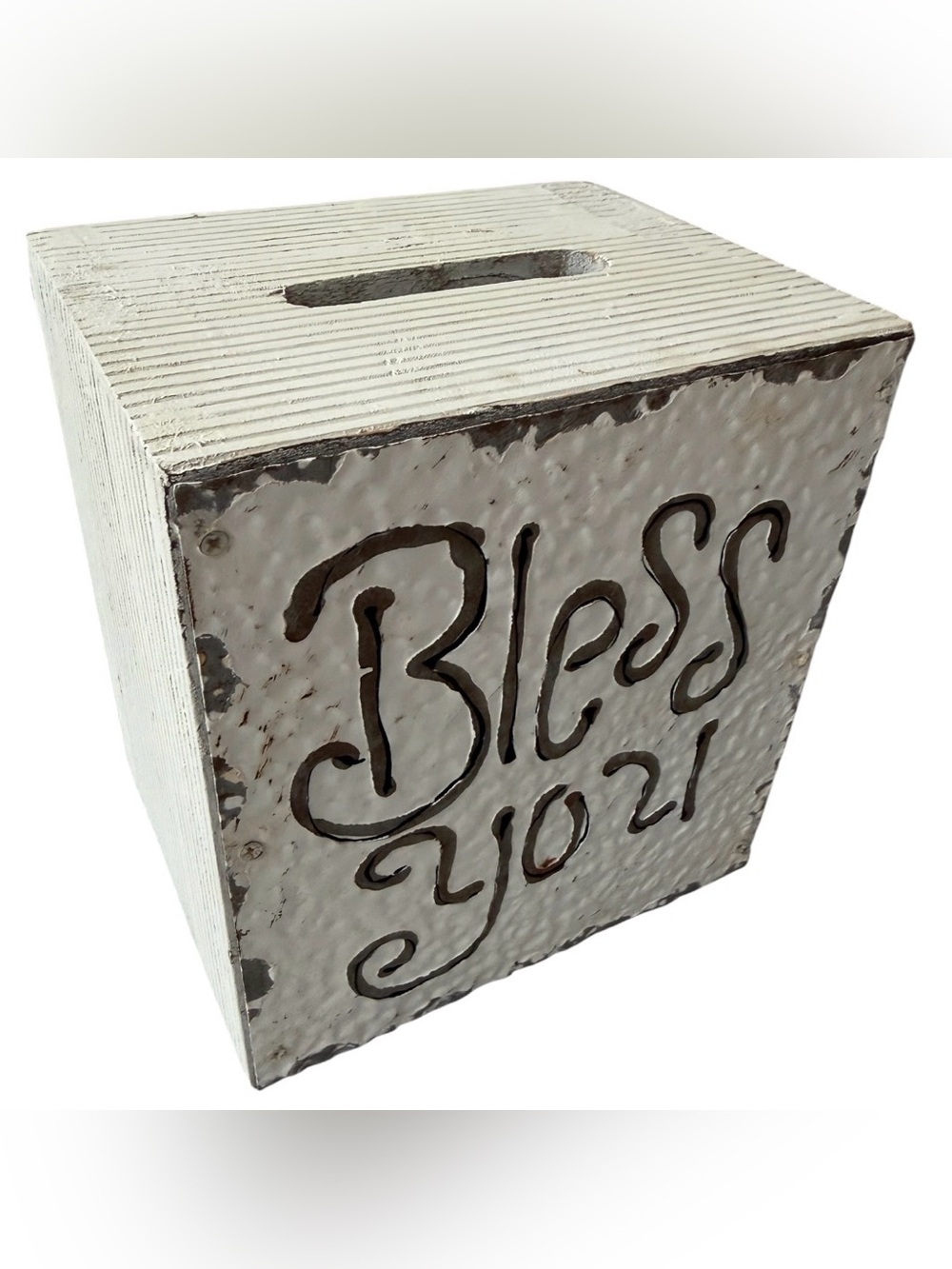 Vintage Wood Metal Bless You Tissue
Box Cube Signed Kathleen Wedemeyer 6 X 6"